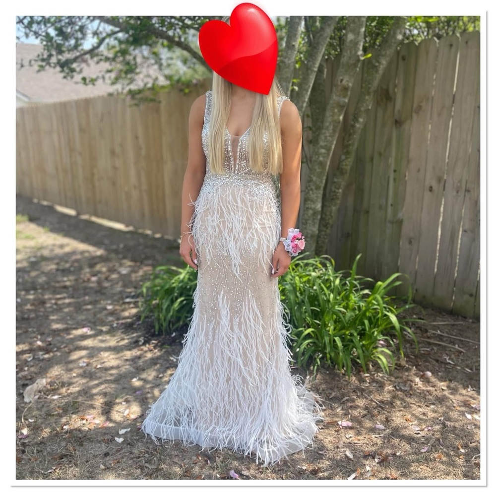 JVN by Jovani White and Gold Feathered Prom Dress